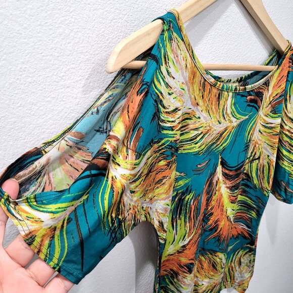 Pronto Womens Open Shoulder Top with Vibrant Teal & Orange Feather Print Size M - Picture 2 of 6